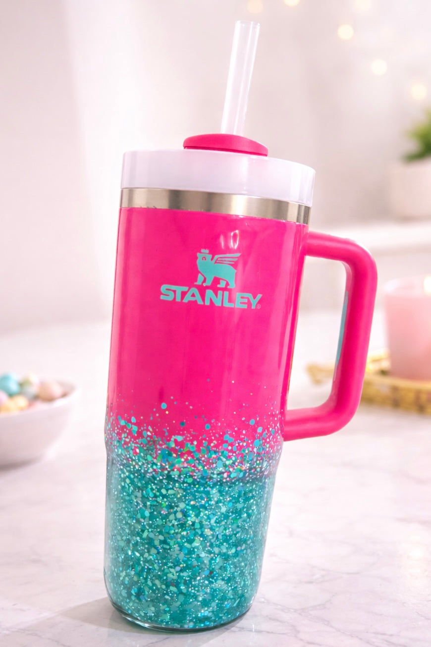 Personalized Pink & Teal Stanley Glitter Tumbler